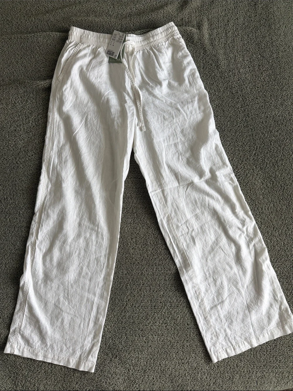 H&M White Wide-Leg Drawstring Linen-Blend Pants
